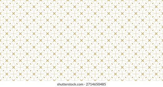 Minimalist geometric seamless pattern with gold circles and cross symbols on white background, modern abstract vector illustration for elegant wallpaper and luxury decor