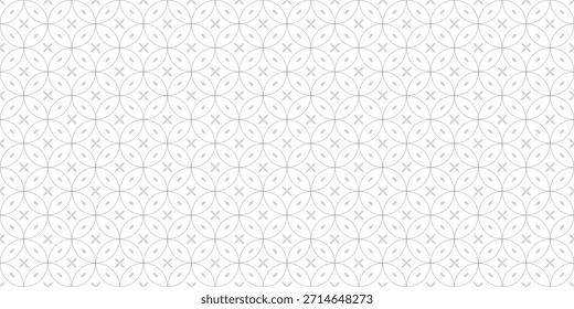 Minimalist geometric seamless pattern with grey circles and cross symbols on white background, modern abstract vector illustration for elegant wallpaper and textile design