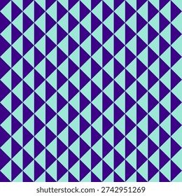 Minimalist geometric seamless pattern with navy blue and mint green triangles. Modern abstract harlequin background, seamless vector illustration for corporate design. Simple triangle tessellation pattern in deep purple and cyan colors for textile and wallpaper.