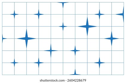 Minimalist geometric seamless pattern with stars shapes on grid in blue on light background. Ideal for modern design, wallpaper, cover or textile prints. Vector illustration 