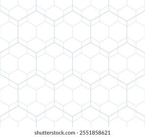 Minimalist geometric seamless pattern. Subtle vector linear texture with hexagon grid, delicate minimal lattice, net, diamonds. Blue and white outline abstract background. Repeating modern geo design