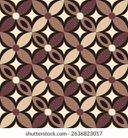Minimalist geometric shapes coffee mocha color seamless pattern. Mid century modern style background, wallpaper, vector illustration.