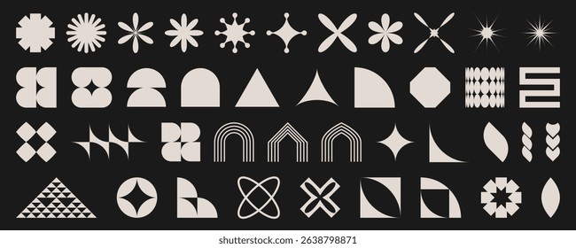Minimalist geometric shapes collection in brutalist style. Abstract design elements with stars, curves, triangles and simple forms. Modern graphic patterns. Monochrome symbols and decorative motifs