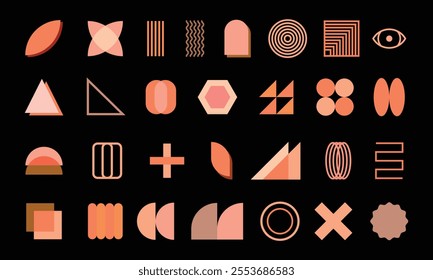 Minimalist geometric shapes element set. Circle, rectangle, plus, triangle, eyes, x, and curved shapes design bundle.