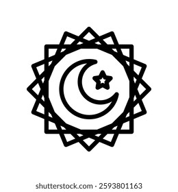 Minimalist Geometric Star and Crescent Moon Icon in Black Line Art
