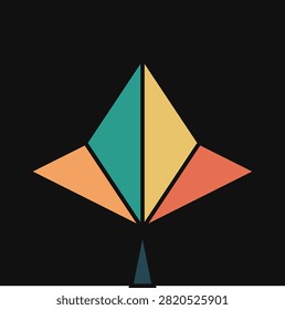 Minimalist geometric stylized palm leaf design with stained glass effect and vibrant colors on a dark background illustration