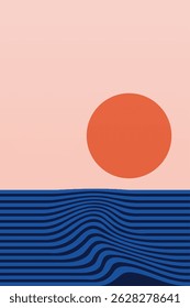 Minimalist geometric sunset illustration featuring the sun, sea, and land in bold contrasting colors.
