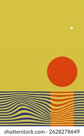 Minimalist geometric sunset illustration featuring the sun, sea, and land in bold contrasting colors.