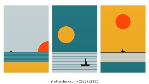Minimalist geometric sunset illustration featuring the sun, sea, and land in bold contrasting colors.