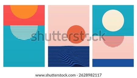 Minimalist geometric sunset illustration featuring the sun, sea, and land in bold contrasting colors.