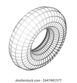 Minimalist geometric torus made of particles. Perfect elements for AR interfaces, tech or sci-fi presentations. Holograms with clustered particles resembling molecular structures. Vector background