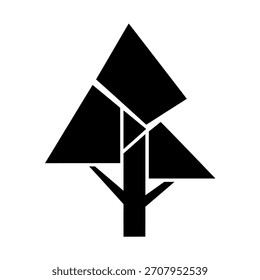 Um design de árvore geométrica minimalista com triângulos e ângulos afiados, criando uma representação moderna e abstrata de uma árvore. O design é limpo, arrojado e visualmente impressionante.