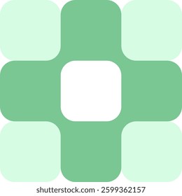 A minimalist geometric vector design with rounded squares arranged in a cross-like formation, using green and white shades.
