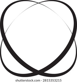 A minimalist geometric vector graphic featuring two intersecting tilted oval rings in a clean black-and-white style. The overlapping perspective curves form a dynamic atom-like orbital loop, planetary ring structure, or stylized heart outline. This isolated flat-design asset is ideal for modern logo designs, science and technology emblems, abstract frames, UI elements, and creative branding concepts.
