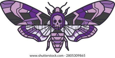 Minimalist geometric vector illustration of a Death's-head hawkmoth featuring a stylized skull motif and stained glass-inspired wing pattern. Designed in purple and lilac tones with clean outlines, symmetrical composition, and flat colors. Isolated on a white background, ideal for gothic themes, Halloween projects, tattoos, logos, stickers, apparel, branding, and decorative graphic design.