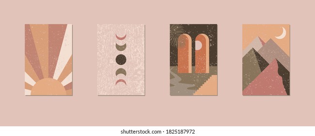 Minimalist geometric wall art. Abstract landscapes for boho esthetic interior. Home decor wall prints. Soft pink, terracotta colors with mustard hues. Sun and moon. Contemporary printable vector