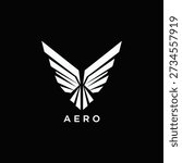 Minimalist geometric wings forming a sharp delta vertex above AERO text in white on black. Ideal for aerospace startup, drone tech branding, aviation crest, futuristic flight identity, UAV emblem, modern vector aero designs