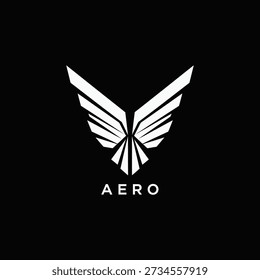 Minimalist geometric wings forming a sharp delta vertex above AERO text in white on black. Ideal for aerospace startup, drone tech branding, aviation crest, futuristic flight identity, UAV emblem, modern vector aero designs