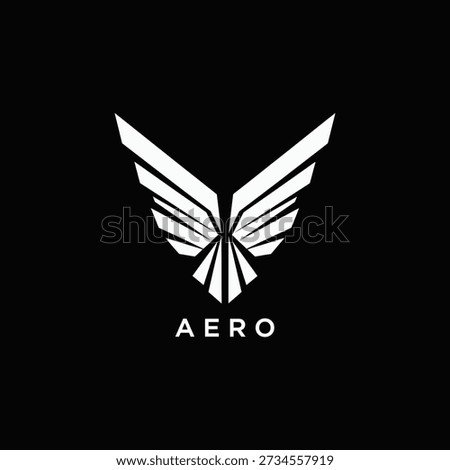 Minimalist geometric wings forming a sharp delta vertex above AERO text in white on black. Ideal for aerospace startup, drone tech branding, aviation crest, futuristic flight identity, UAV emblem, modern vector aero designs