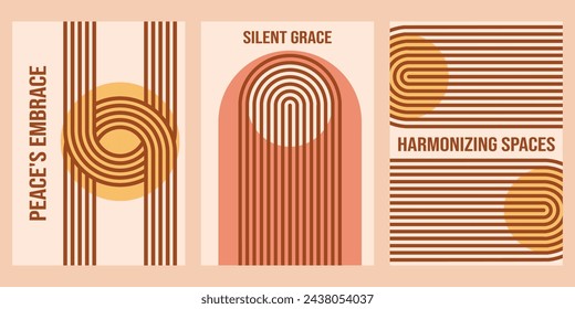 Minimalist geometric zen arches poster collection with text - Peace, Silent Grace, Harmonizing. Abstract boho shapes in a retro aesthetic for versatile design use. Vector concept design.
