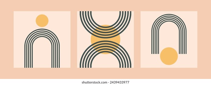 Minimalist geometric zen arches square post social media collection. Abstract boho shapes in a retro aesthetic for versatile design use. Vector concept design.