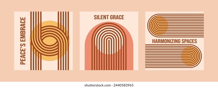 Minimalist geometric zen arches square post social media collection with text - Peace, Silent Grace, Harmonizing. Abstract boho shapes in a retro aesthetic. Vector concept design.