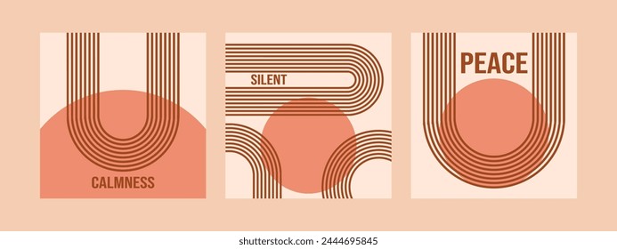 Minimalist geometric zen arches square post social media collection with text - Calmness, Silent and Peace. Abstract boho shapes in a retro aesthetic for versatile design use. Vector concept design.