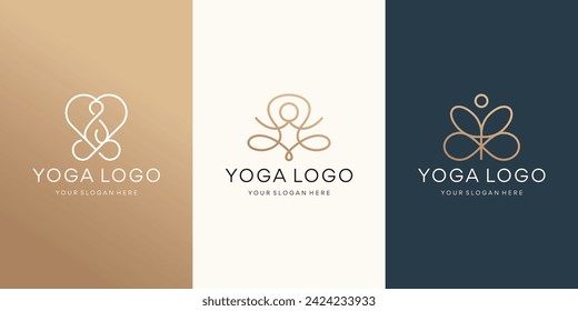 minimalist geometry infinity yoga logo set design. inspiration yoga logo with golden color branding line art style.