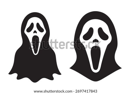 Minimalist Ghost Face Illustration – Spooky Halloween Horror Mask Design in Black and White