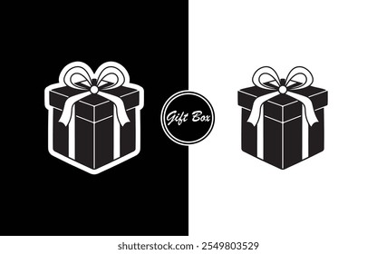 Design minimalista do ícone da caixa de presente preto e branco presente com fita perfeita para férias de negócios e-commerce convites e marca