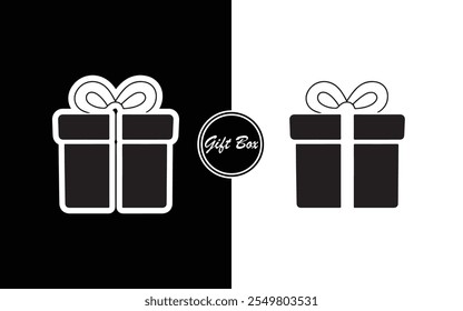 Design minimalista do ícone da caixa de presente preto e branco presente com fita perfeita para férias de negócios e-commerce convites e marca