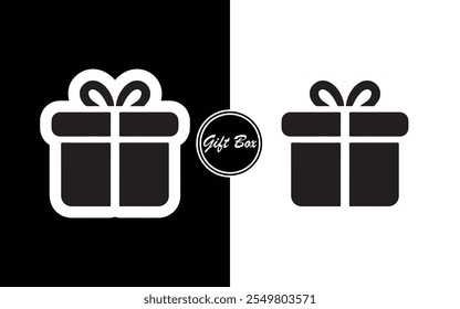 Design minimalista do ícone da caixa de presente preto e branco presente com fita perfeita para férias de negócios e-commerce convites e marca