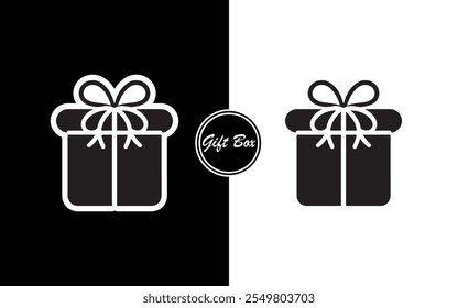 Design minimalista do ícone da caixa de presente preto e branco presente com fita perfeita para férias de negócios e-commerce convites e marca