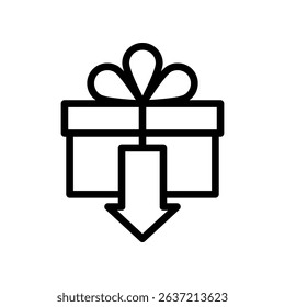 Minimalist Gift Box Icon with Downward Arrow Symbol on White Background
