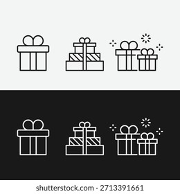 Minimalist Gift Box Icon Set Illustration Featuring Single, Stacked, and Sparkling Presents in Split Black and White Contrast, Stylized Line Art for Holiday.