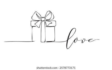 A Minimalist Gift of Love, A single line drawing of a wrapped present leading to the cursive word "love", perfect for expressing affections,