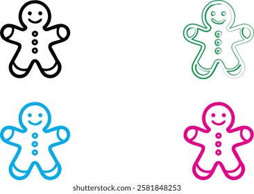 Minimalist gingerbread men illustrations, colorful outlines, simple smiley faces, white background, flat design, cheerful icons, holiday-themed clipart, vector style graphics, black green blue pink co