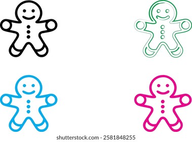 Minimalist gingerbread men illustrations, colorful outlines, simple smiley faces, white background, flat design, cheerful icons, holiday-themed clipart, vector style graphics, black green blue pink co