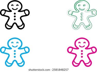 Minimalist gingerbread men illustrations, colorful outlines, simple smiley faces, white background, flat design, cheerful icons, holiday-themed clipart, vector style graphics, black green blue pink co