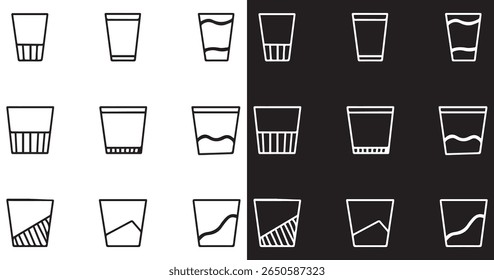 Minimalist Glass Icon Set with Liquid Level. Variations Line Art Style. Vector illustration isolated on black and white background.
