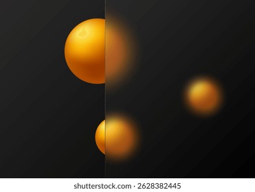 Painel de vidro minimalista dividindo esferas laranja brilhantes em um fundo preto, layout vetorial moderno com profundidade e efeito de desfoque.