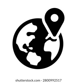 Minimalist global distribution icon featuring a world globe with a location pin symbol, representing international logistics, global supply chains, shipment tracking, and worldwide distribution networks. Ideal for logistics platforms, transportation services, import-export businesses, supply chain management systems, and global commerce applications.