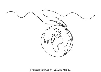 Globo minimalista en las manos de línea continua de arte de dibujo simple esquema de ecología