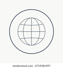 Icono de globo minimalista en un círculo. Diseño de globo con líneas simples. Perfecto para temas globales, Web o proyectos de viajes. Globo y círculo simplicidad. Pegatinas de viaje y Vector de ilustración de insignia.