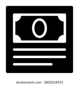 A minimalist glyph icon representing a zero balance financial statement, featuring a document outline with a central zero digit for banking and accounting applications.