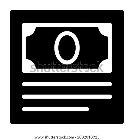 A minimalist glyph icon representing a zero balance financial statement, featuring a document outline with a central zero digit for banking and accounting applications.