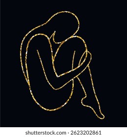 Minimalist gold glittery line art of a sitting human figure in emotional pose, on black background. Elegant, reflective, and expressive abstract vector silhouette.
