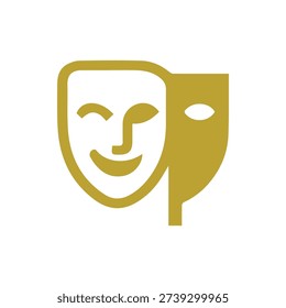 A minimalist gold icon of comedy and tragedy theater masks on a white background. This symbol represents drama, performance, and the performing arts.