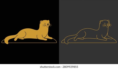 Minimalist gold illustration of a resting weasel with mustelid, silhouette