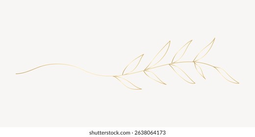 Minimalist gold leaf line art on a white background. Elegant leaf design with thin gold lines. Simple and stylish leaf illustration for decor or design. Decorative flourish vector.